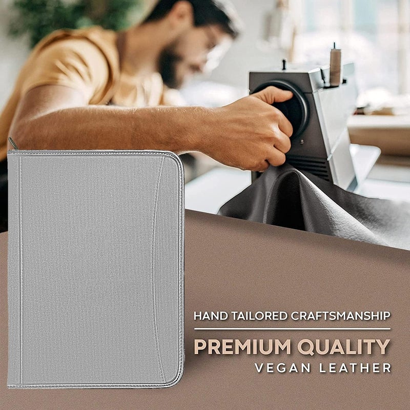 Gorbado Zippered Portfolio Organizer/ A4 Refillable Lined Writing Notepad Folder Case/Fabric-Covered Padfolio Binder with Interior Storage Pocket for Men Women, Gray. - Image 4